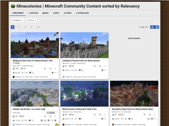 Planet Minecraft 中的 MineColonies 风格包搜索结果